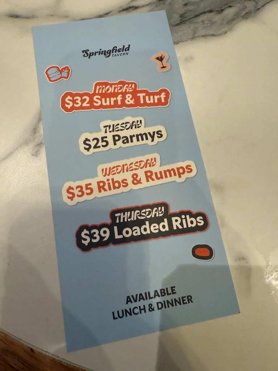 Menu, Springfield Tavern