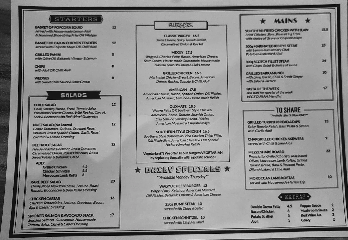 Menu, Terrace Hotel