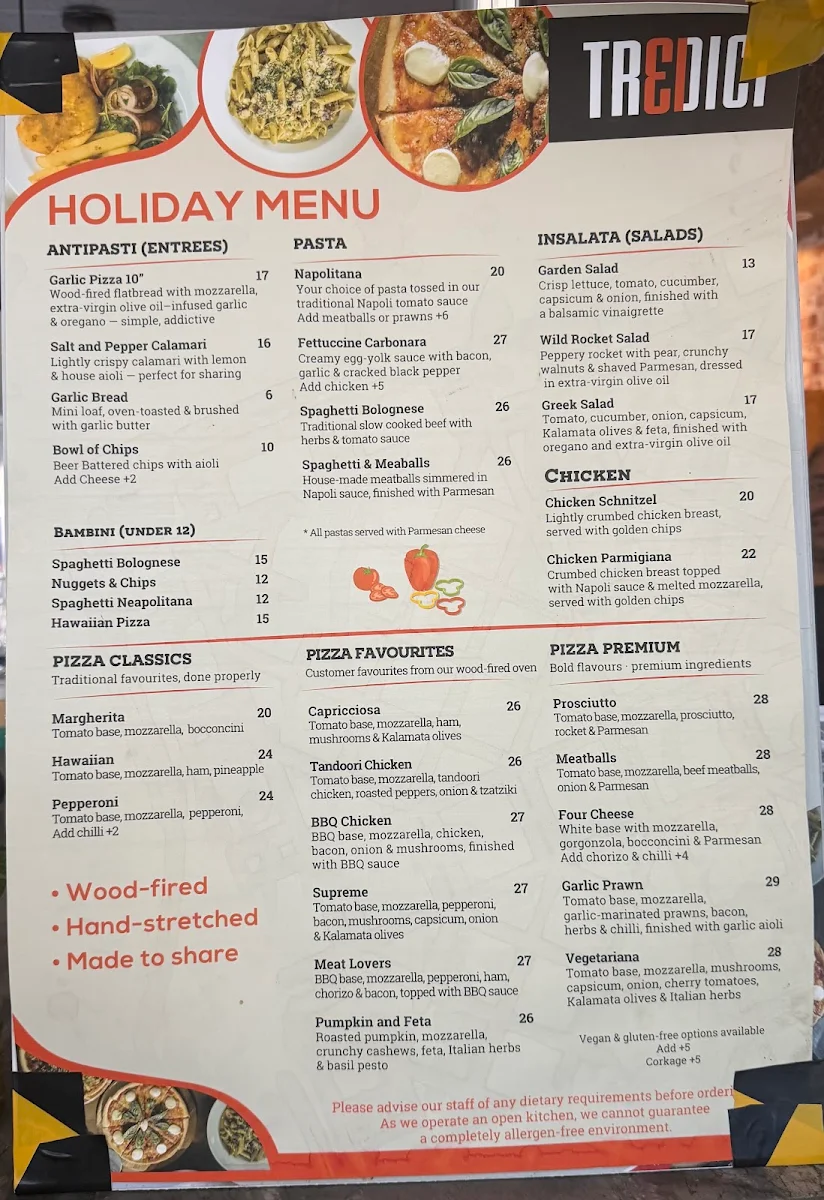 Menu, Tredici Woodfired Pizza Bar & Restaurant Caloundra