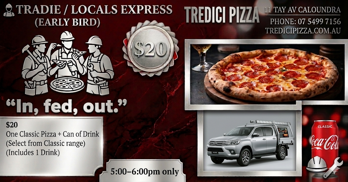 Menu, Tredici Woodfired Pizza Bar & Restaurant Caloundra