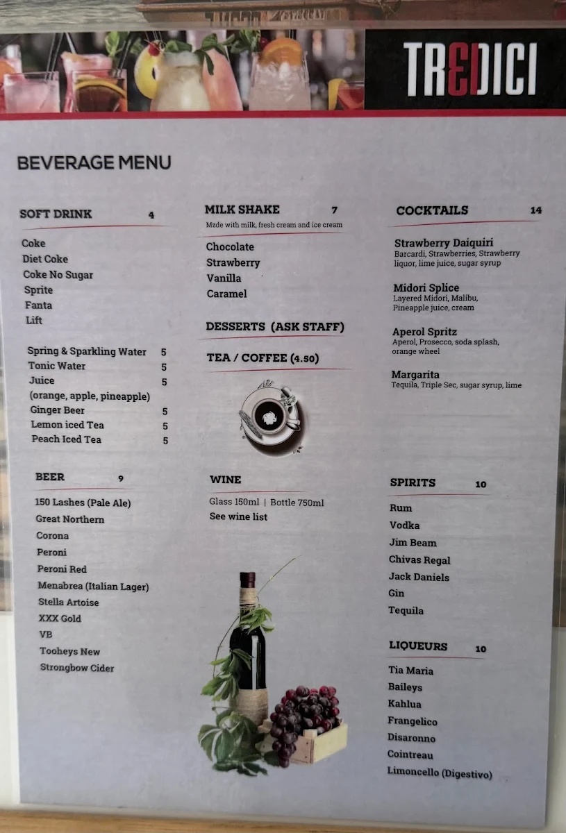 Menu, Tredici Woodfired Pizza Bar & Restaurant Caloundra