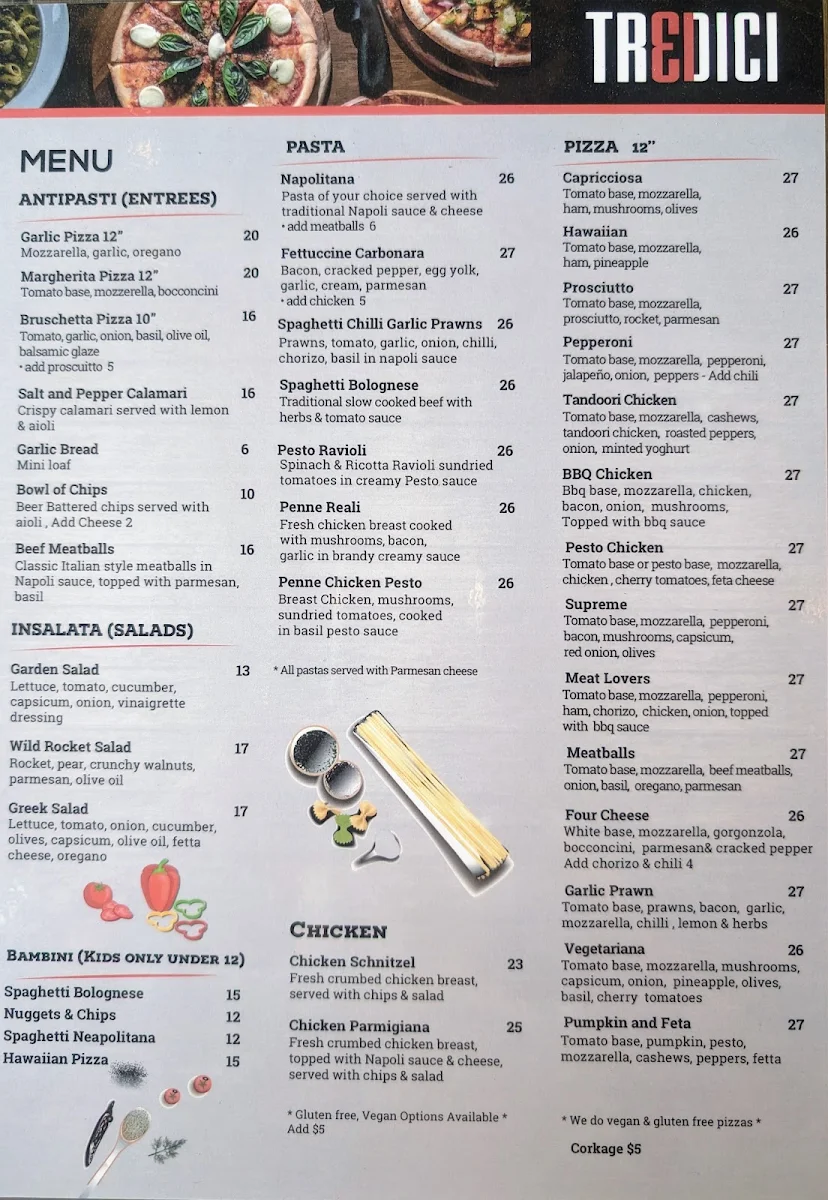 Menu, Tredici Woodfired Pizza Bar & Restaurant Caloundra