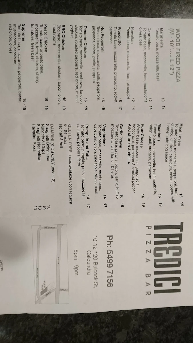 Menu, Tredici Woodfired Pizza Bar & Restaurant Caloundra
