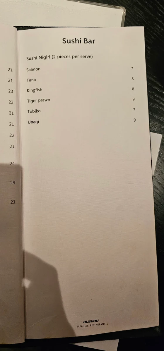 Menu, Oushou Japanese Restaurant (Brighton)