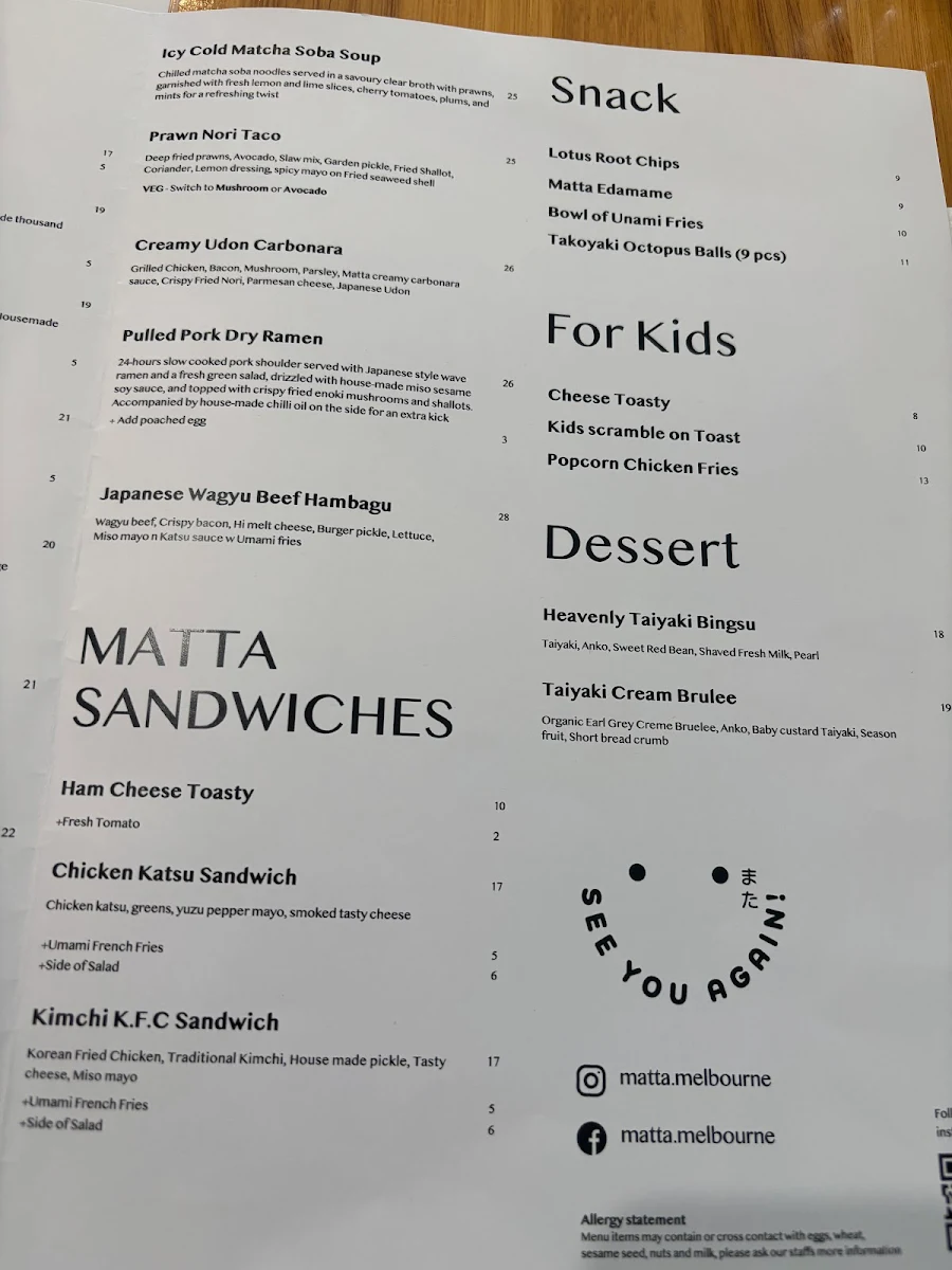 Menu, Matta Blackburn
