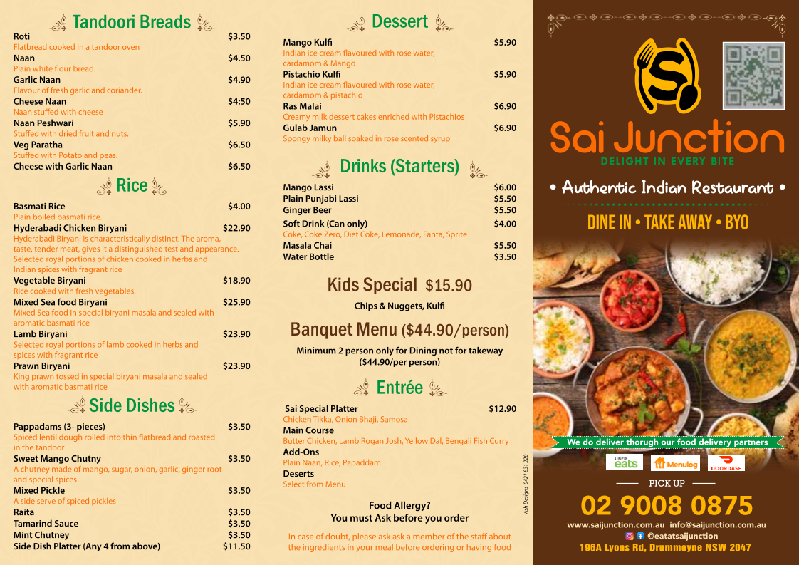 Menu, SAI JUNCTION Indian Restaurant