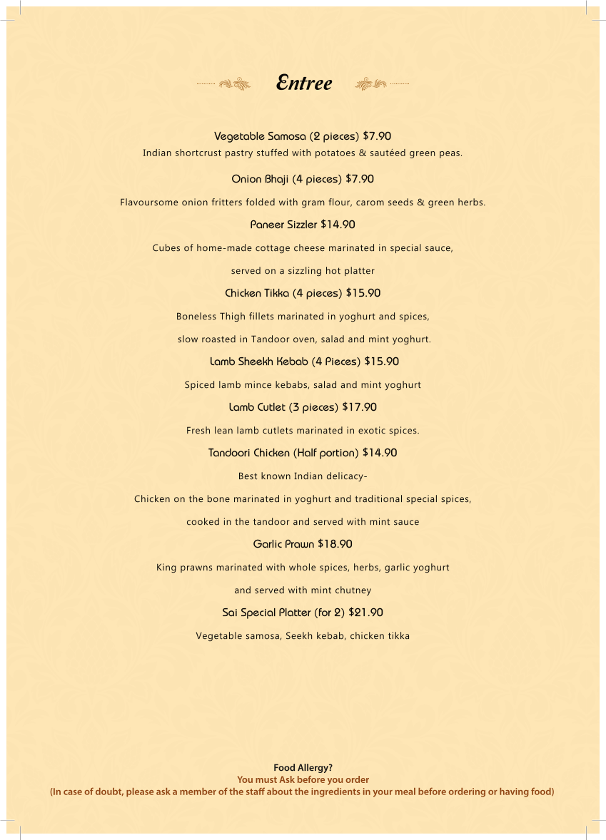 Menu, SAI JUNCTION Indian Restaurant