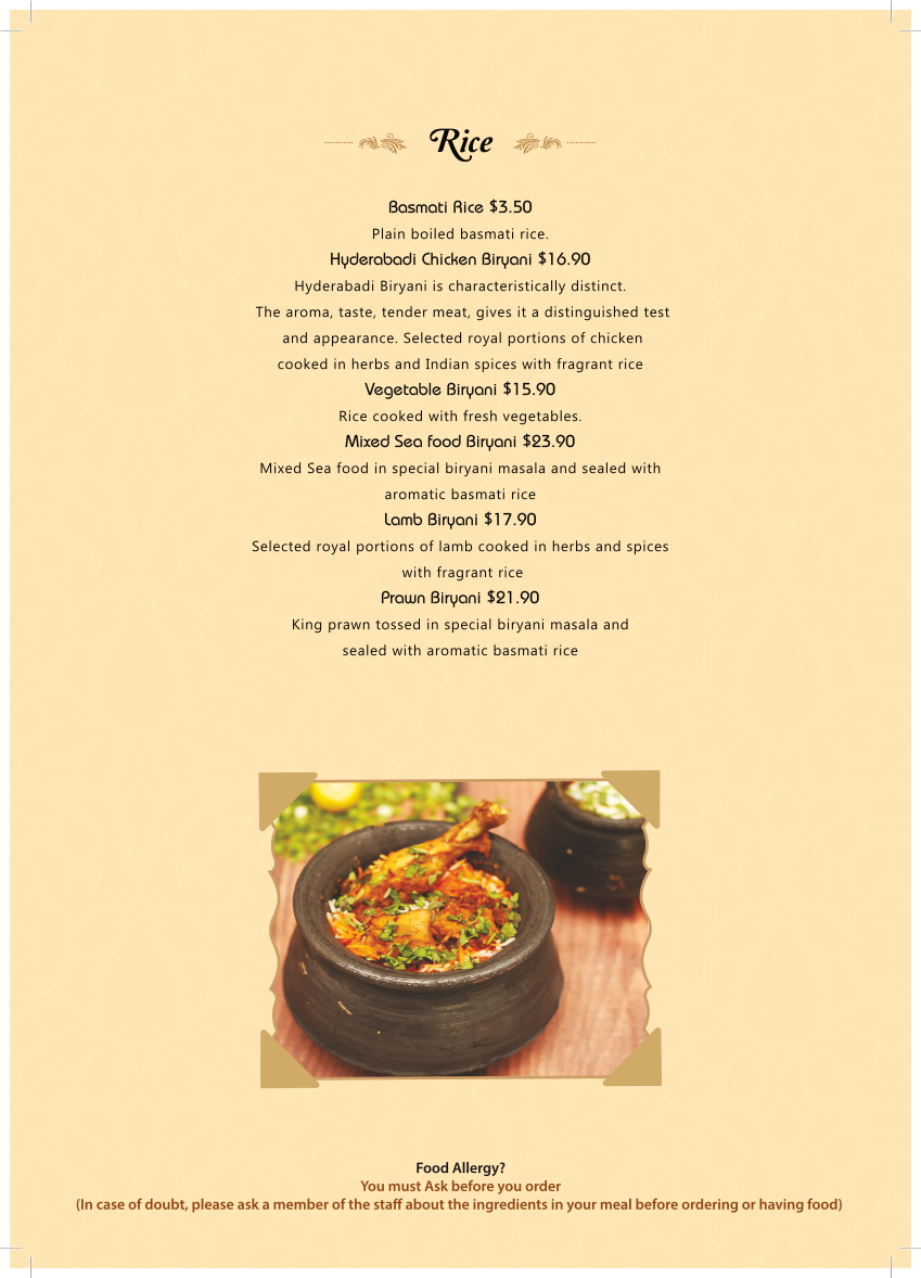 Menu, SAI JUNCTION Indian Restaurant