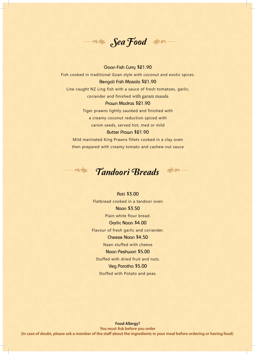 Menu, SAI JUNCTION Indian Restaurant
