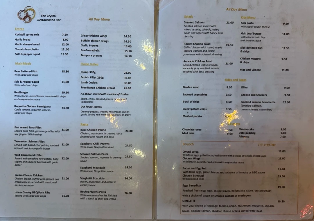 Menu, The Crystal Restaurant n Bar