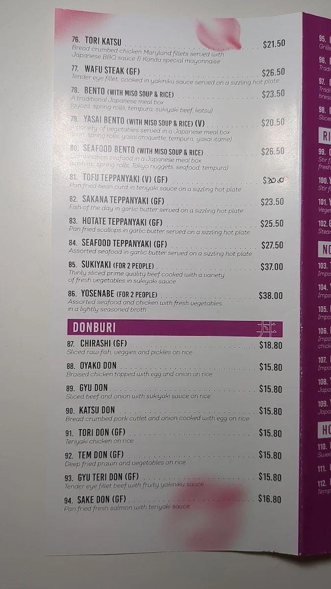 Menu, Kanda Japanese Restaurant