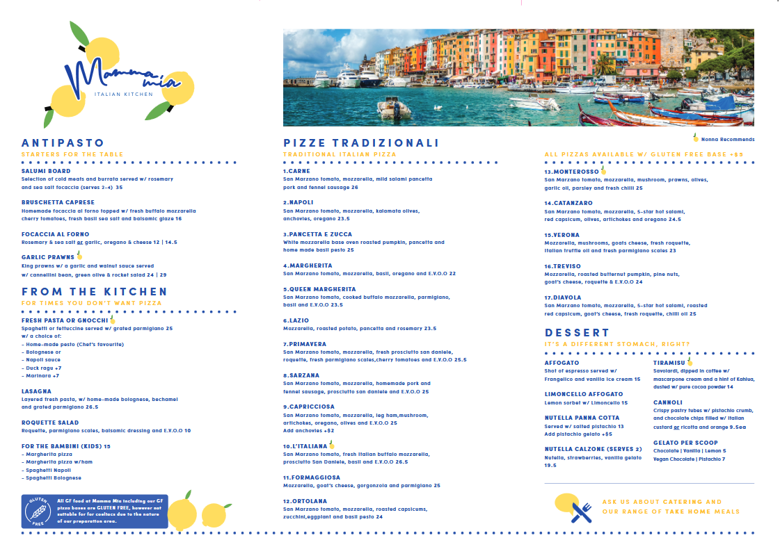 Menu, Mamma Mia Italian Kitchen