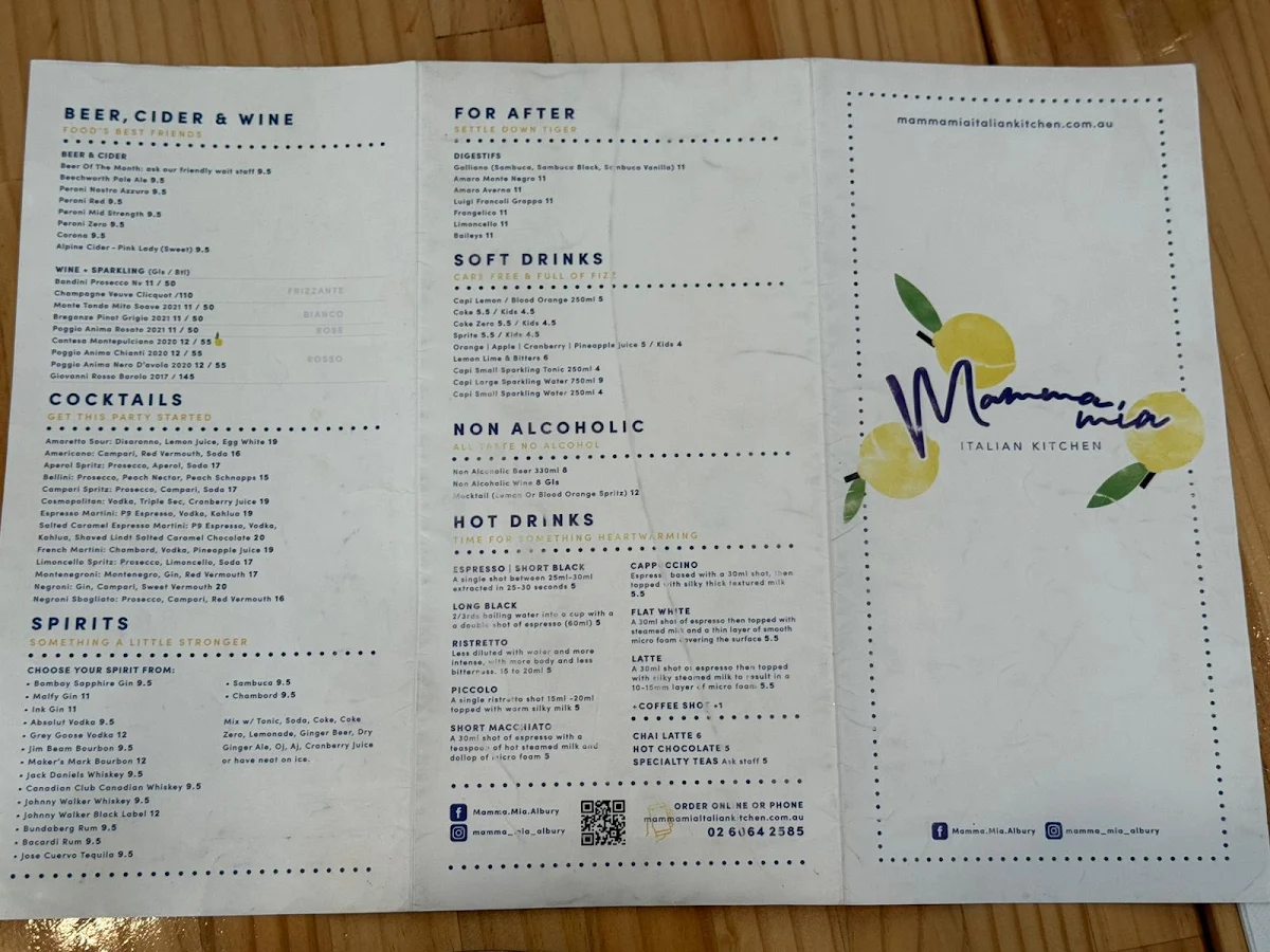 Menu, Mamma Mia Italian Kitchen
