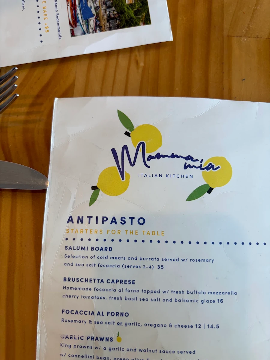 Menu, Mamma Mia Italian Kitchen