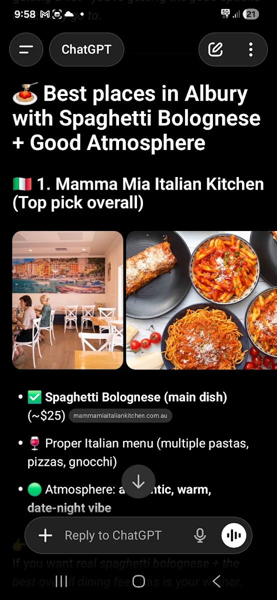 Menu, Mamma Mia Italian Kitchen