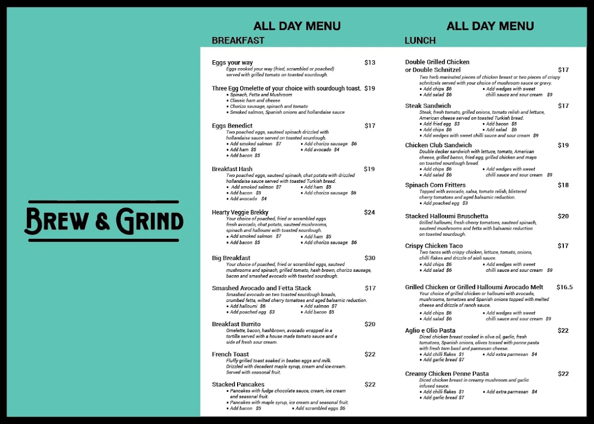 Menu, Brew & Grind