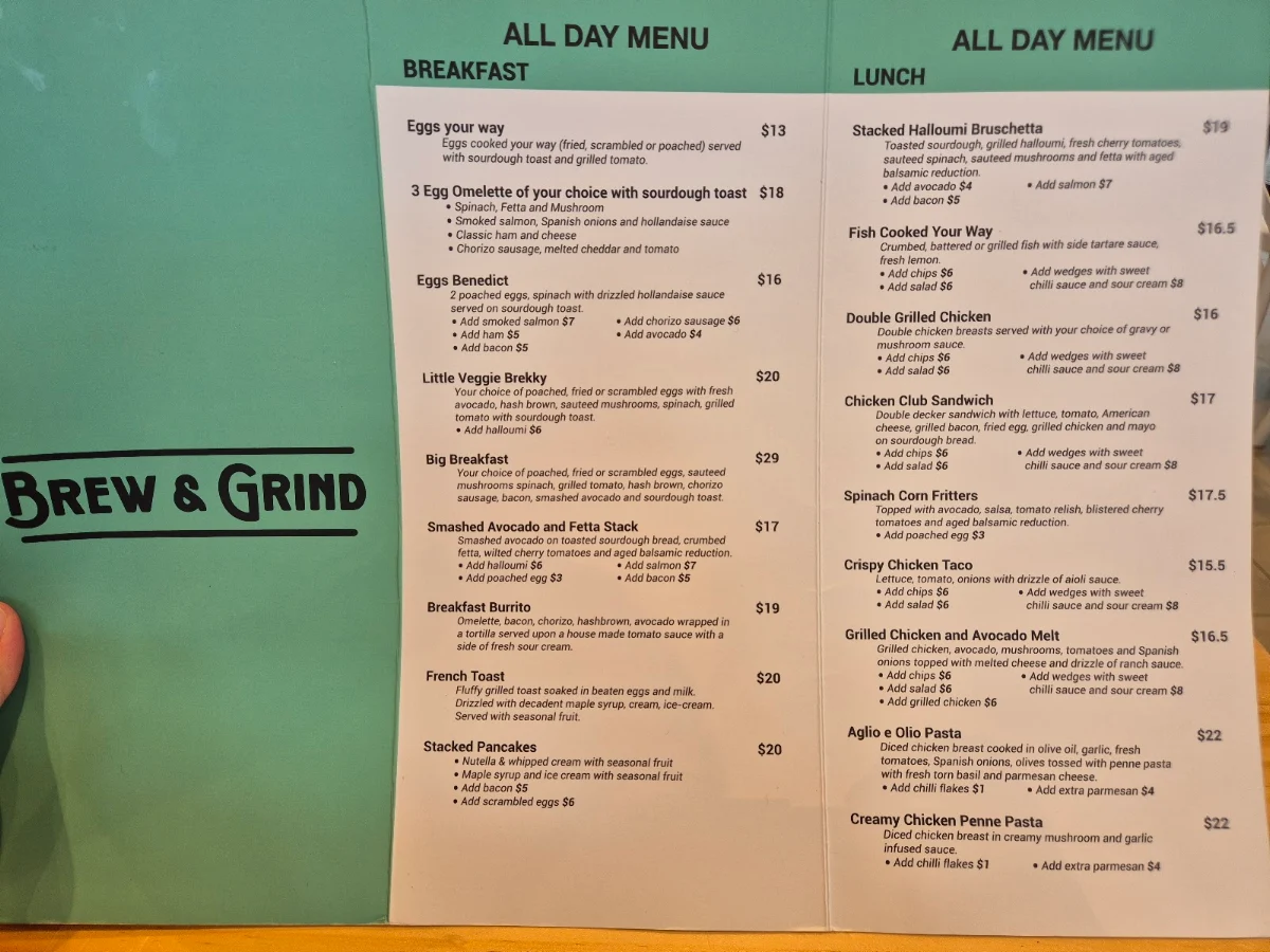 Menu, Brew & Grind