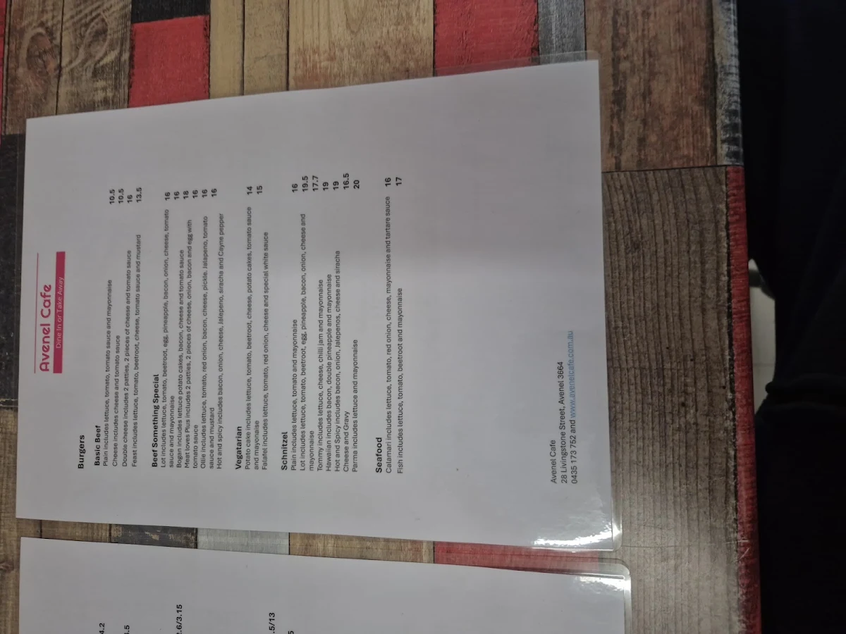 Menu, Avenel Cafe