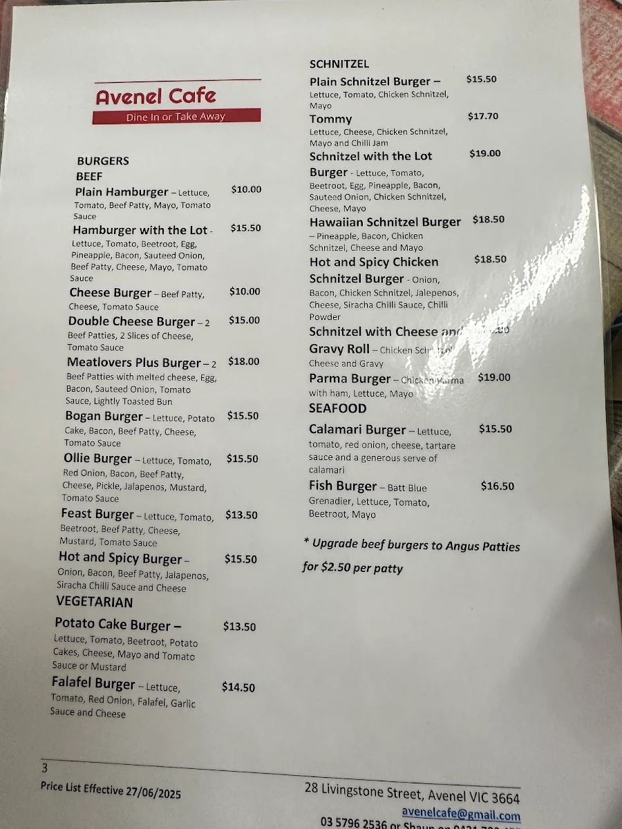 Menu, Avenel Cafe