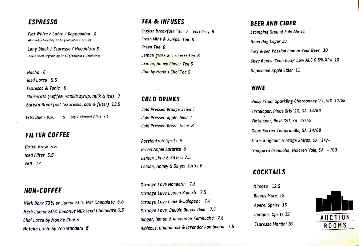 Menu, Auction Rooms Cafe | Coffee North Melbourne