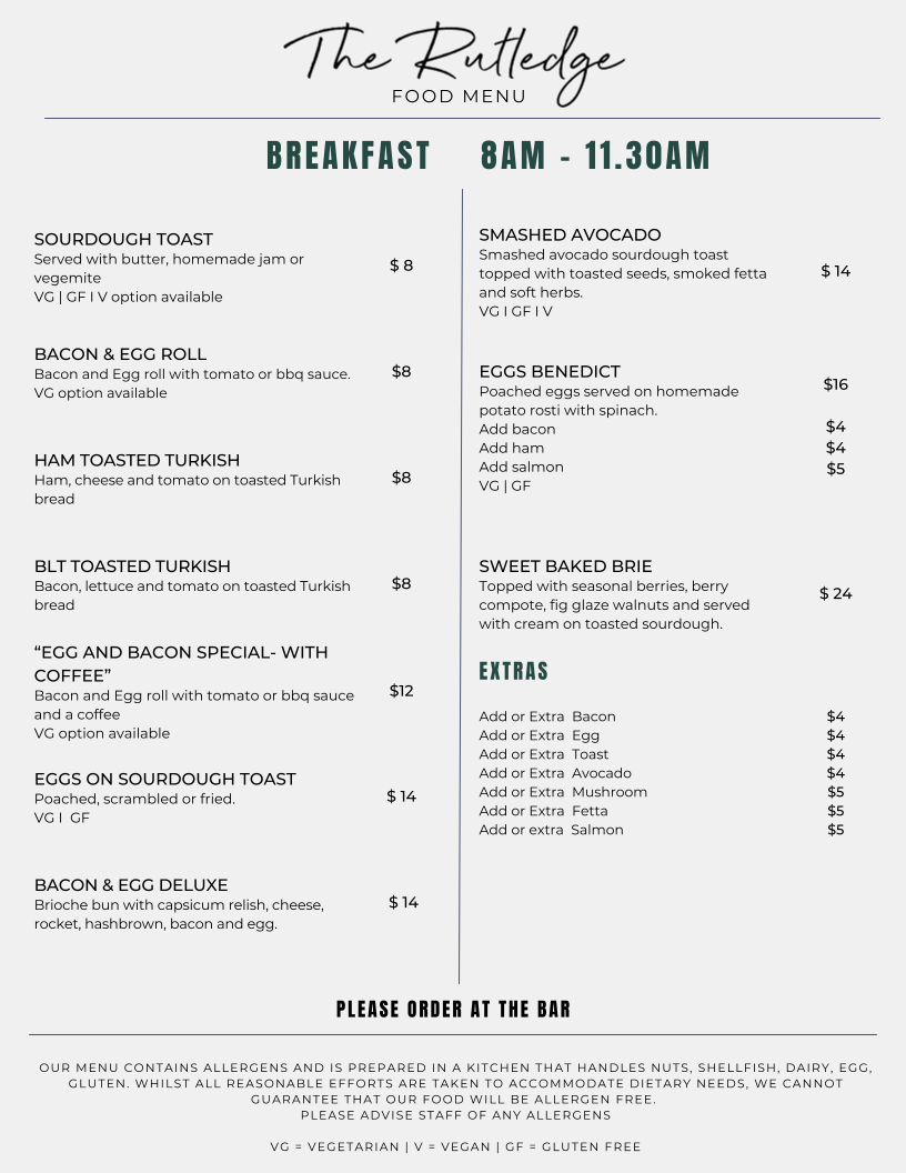 Menu, The Rutledge Bar & Eats