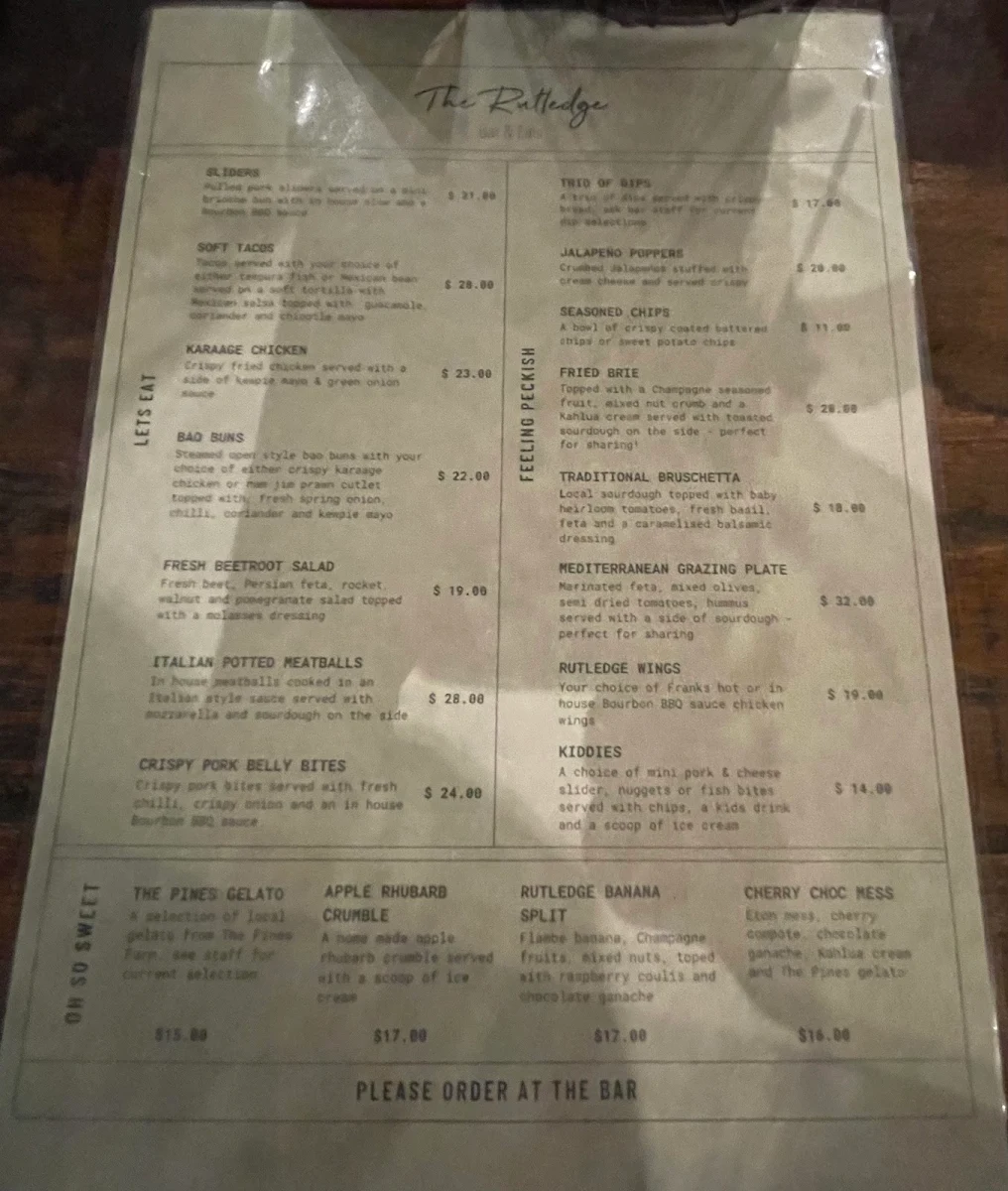 Menu, The Rutledge Bar & Eats