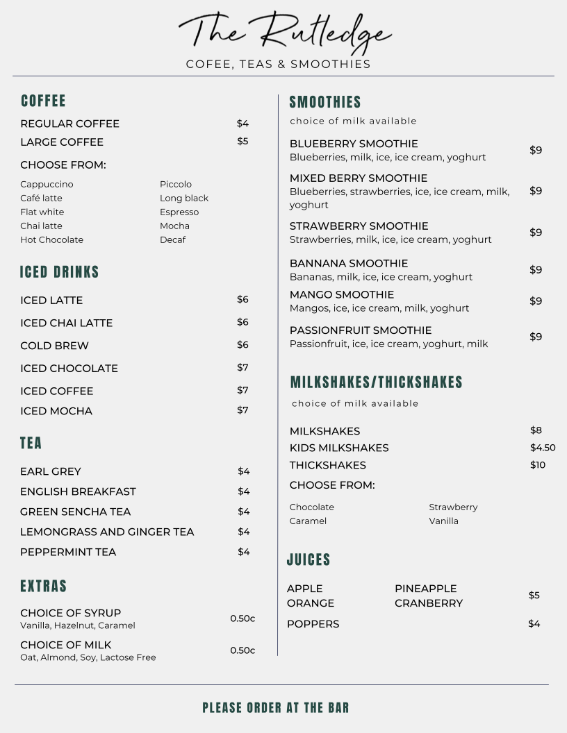Menu, The Rutledge Bar & Eats