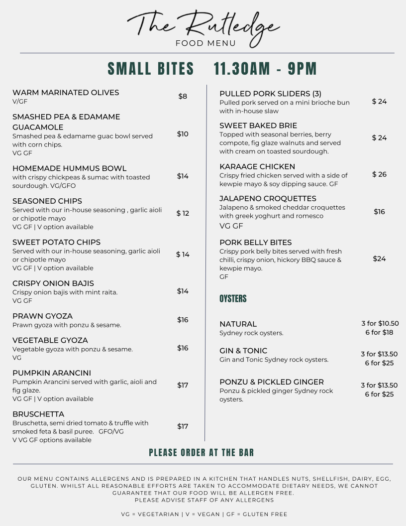 Menu, The Rutledge Bar & Eats