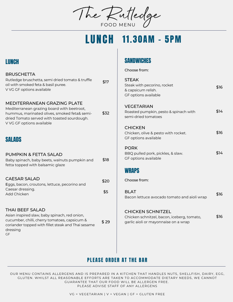 Menu, The Rutledge Bar & Eats