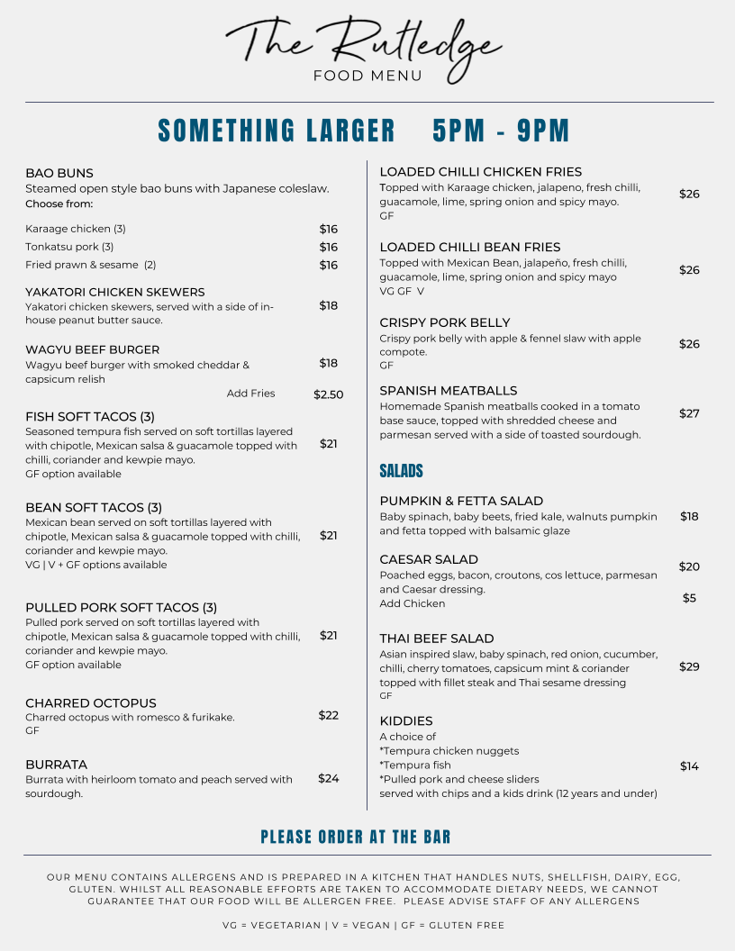 Menu, The Rutledge Bar & Eats