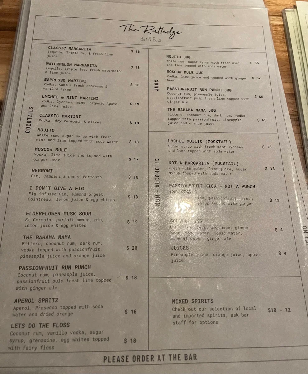 Menu, The Rutledge Bar & Eats
