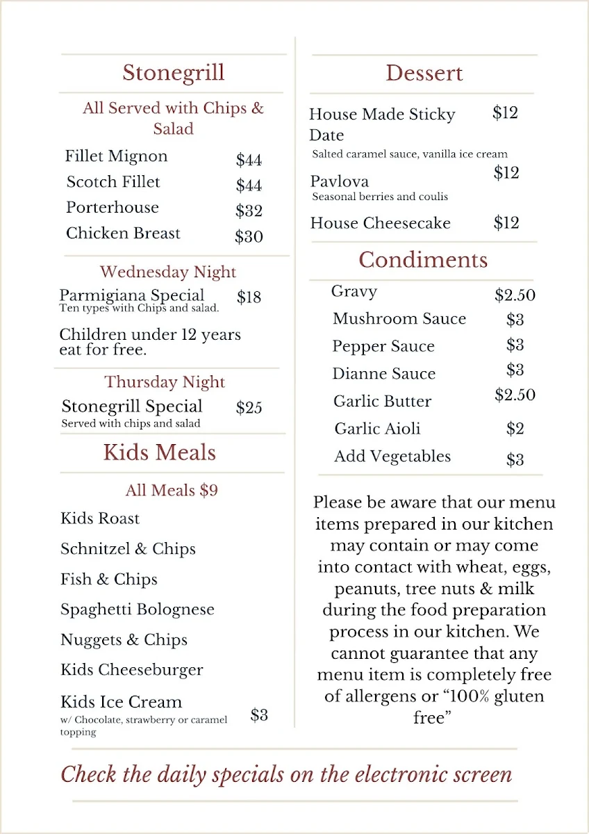 Menu, Hotel Australia