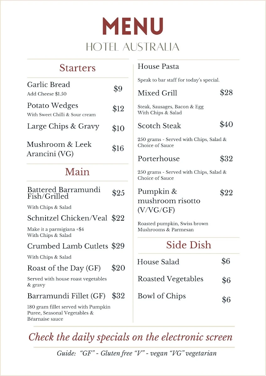 Menu, Hotel Australia