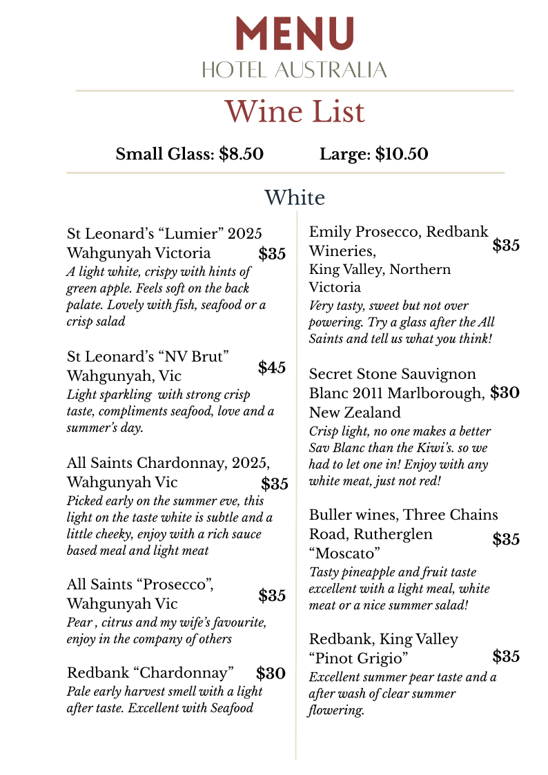 Menu, Hotel Australia