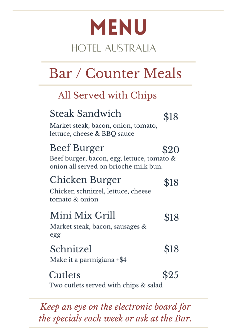 Menu, Hotel Australia
