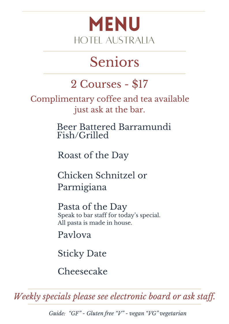 Menu, Hotel Australia