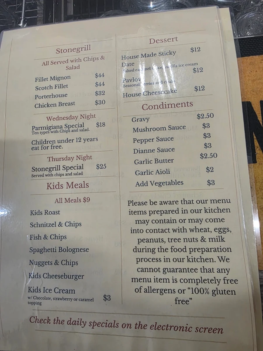 Menu, Hotel Australia
