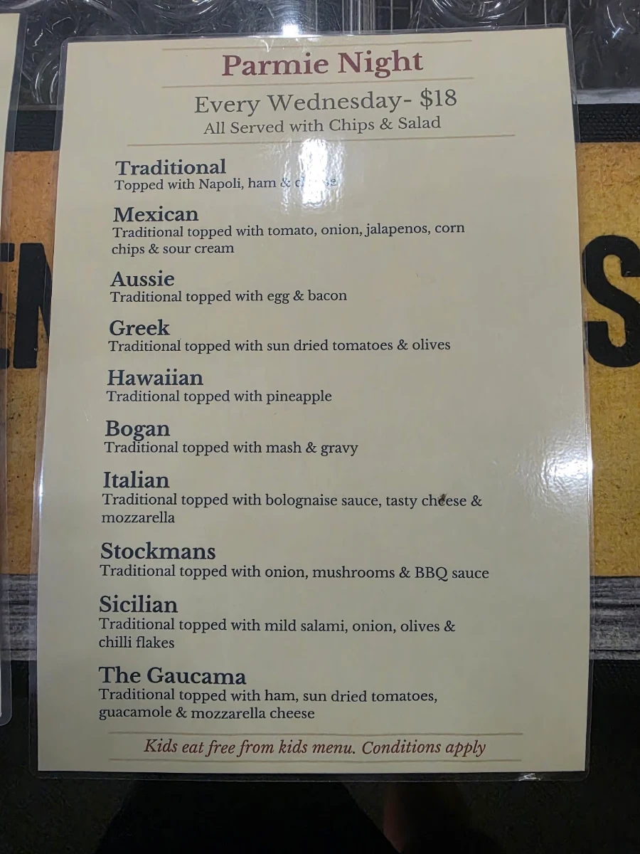 Menu, Hotel Australia