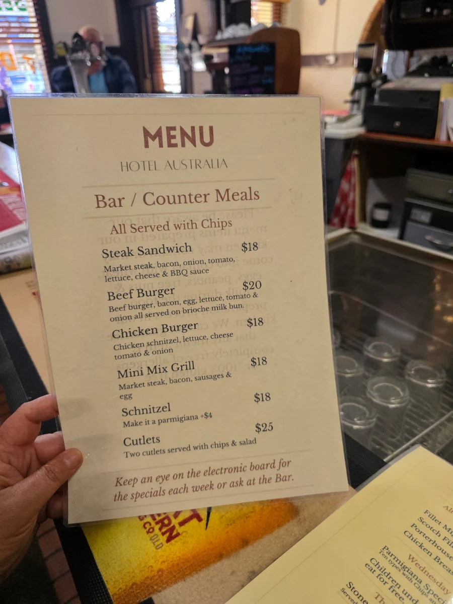 Menu, Hotel Australia