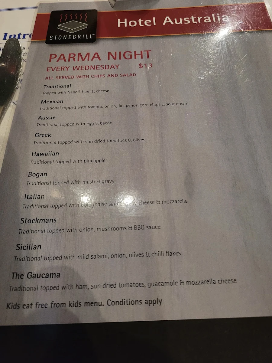 Menu, Hotel Australia