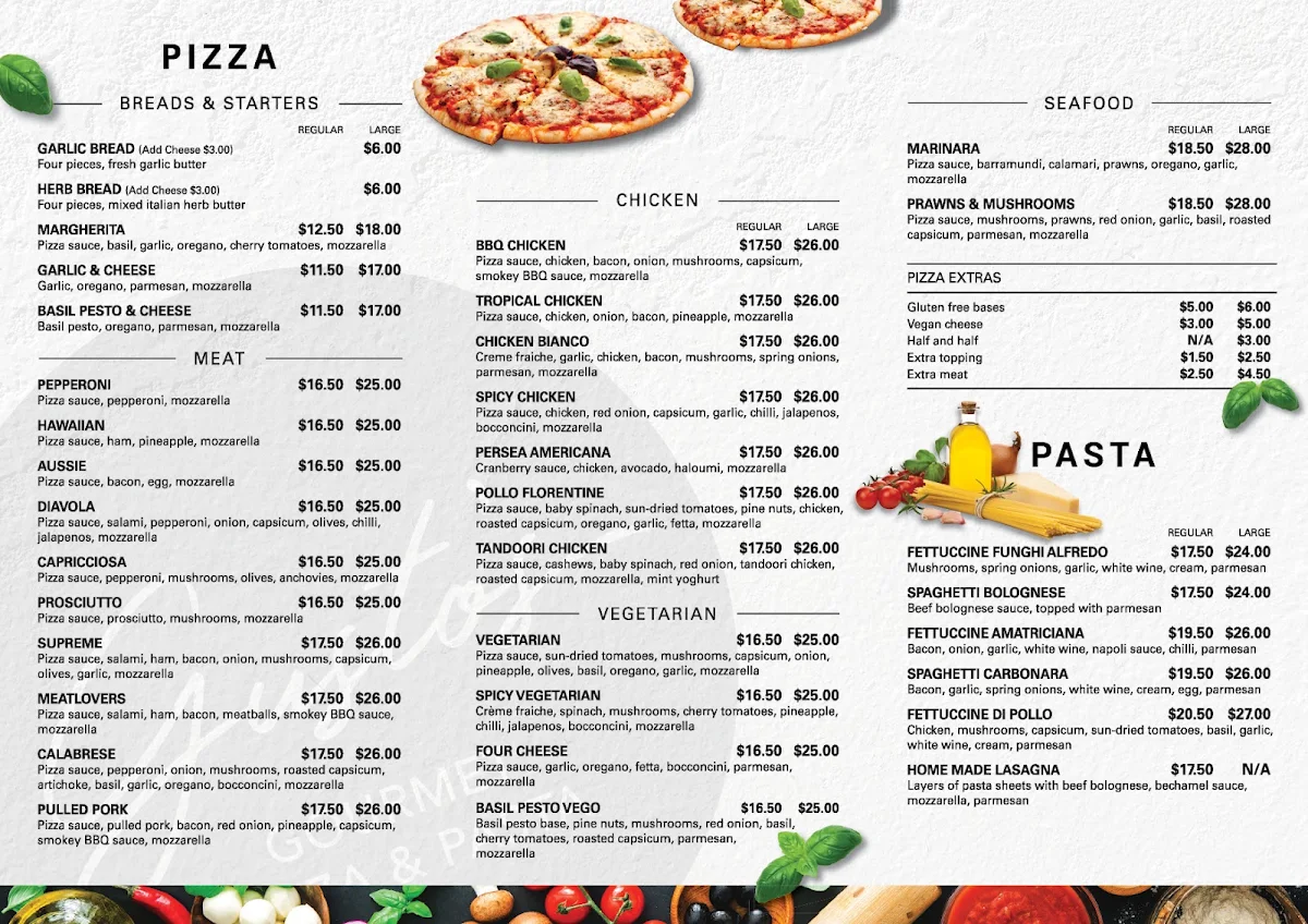 Menu, Gusto's Gourmet Pizza & Pasta Algester