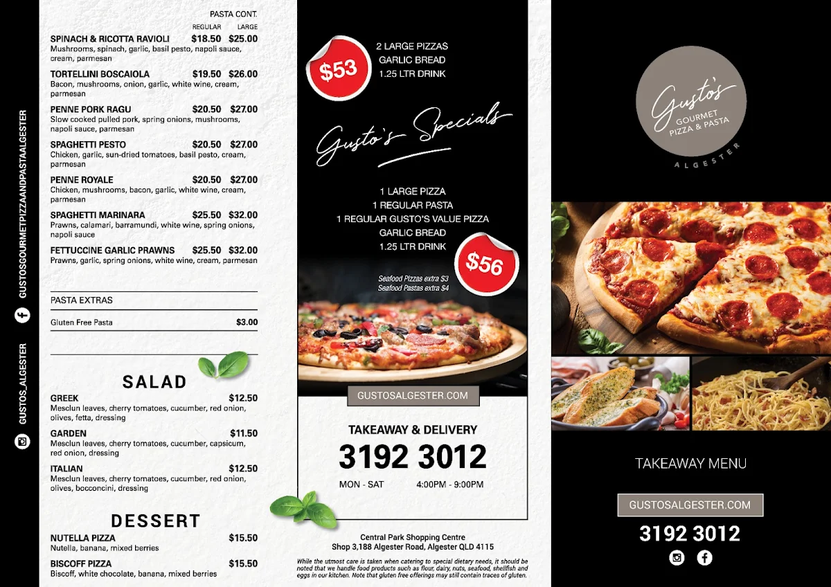 Menu, Gusto's Gourmet Pizza & Pasta Algester
