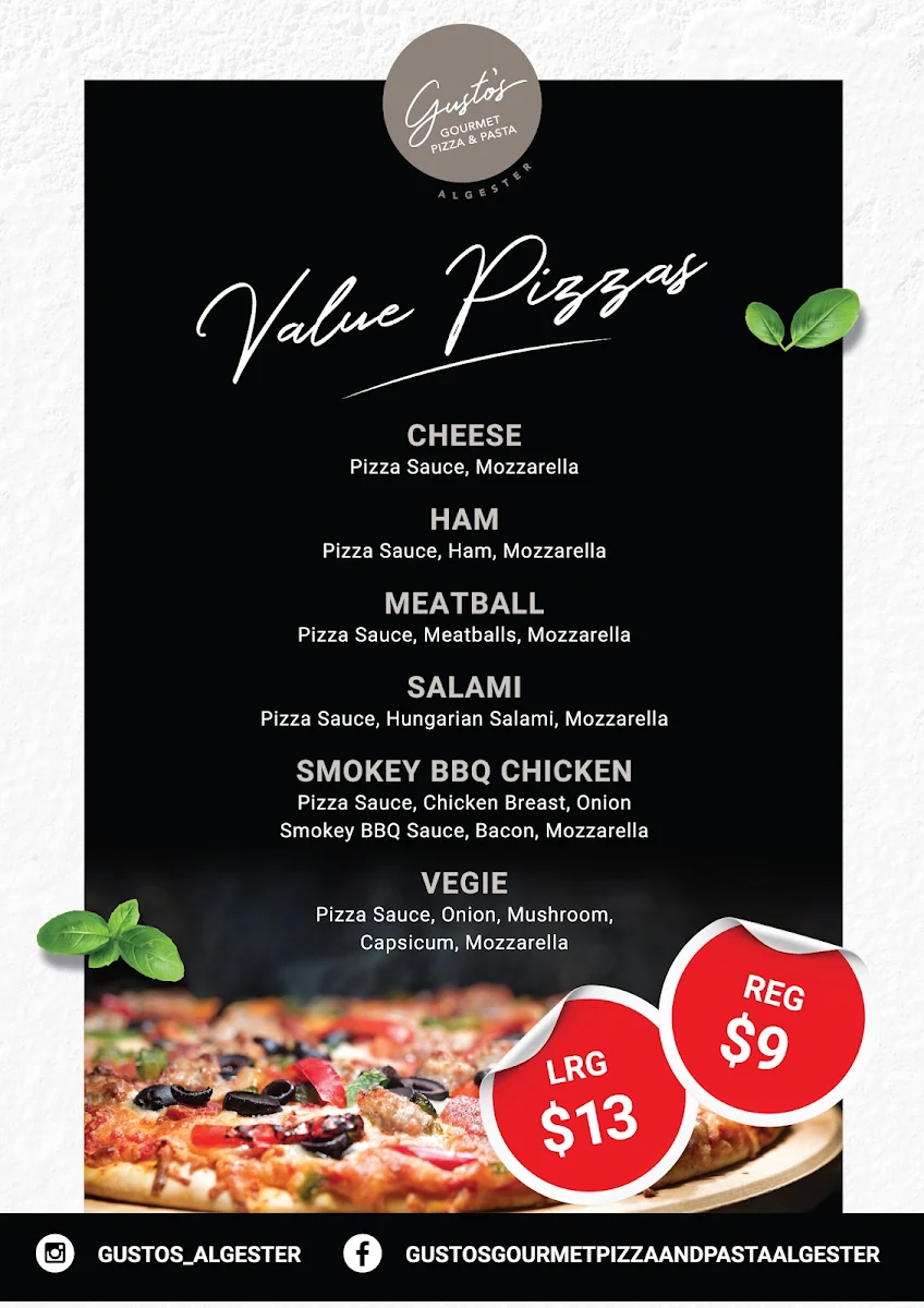 Menu, Gusto's Gourmet Pizza & Pasta Algester