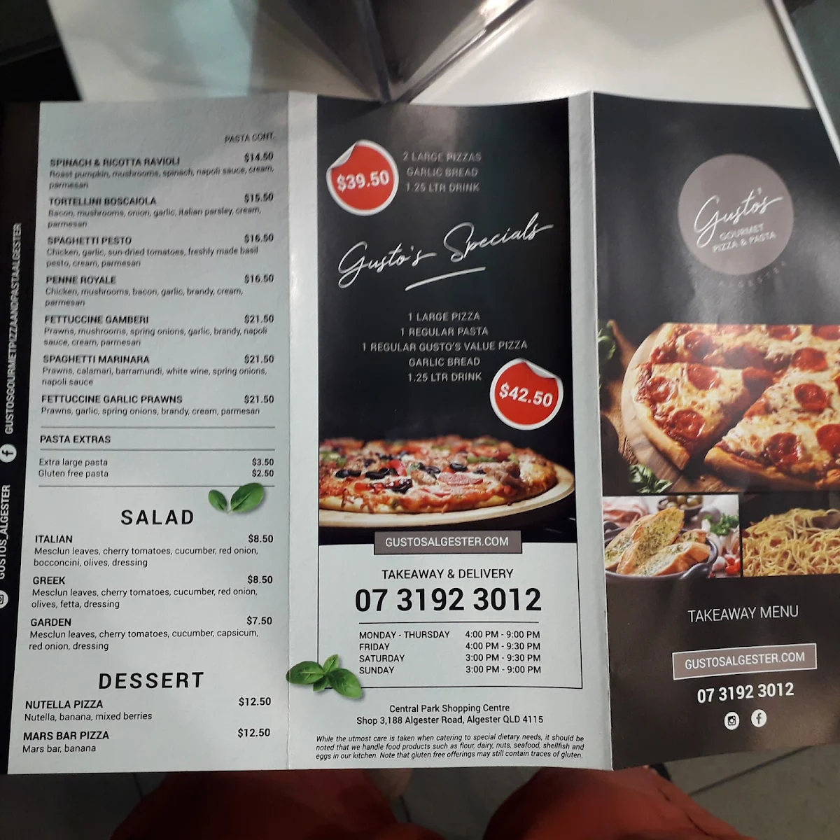 Menu, Gusto's Gourmet Pizza & Pasta Algester