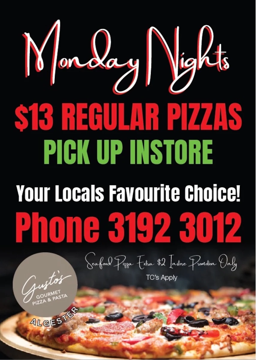 Menu, Gusto's Gourmet Pizza & Pasta Algester