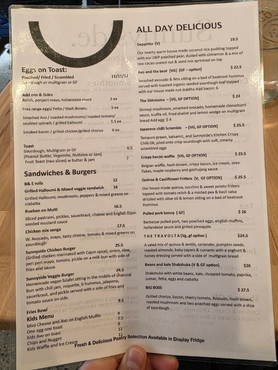 Menu, Sunnyside