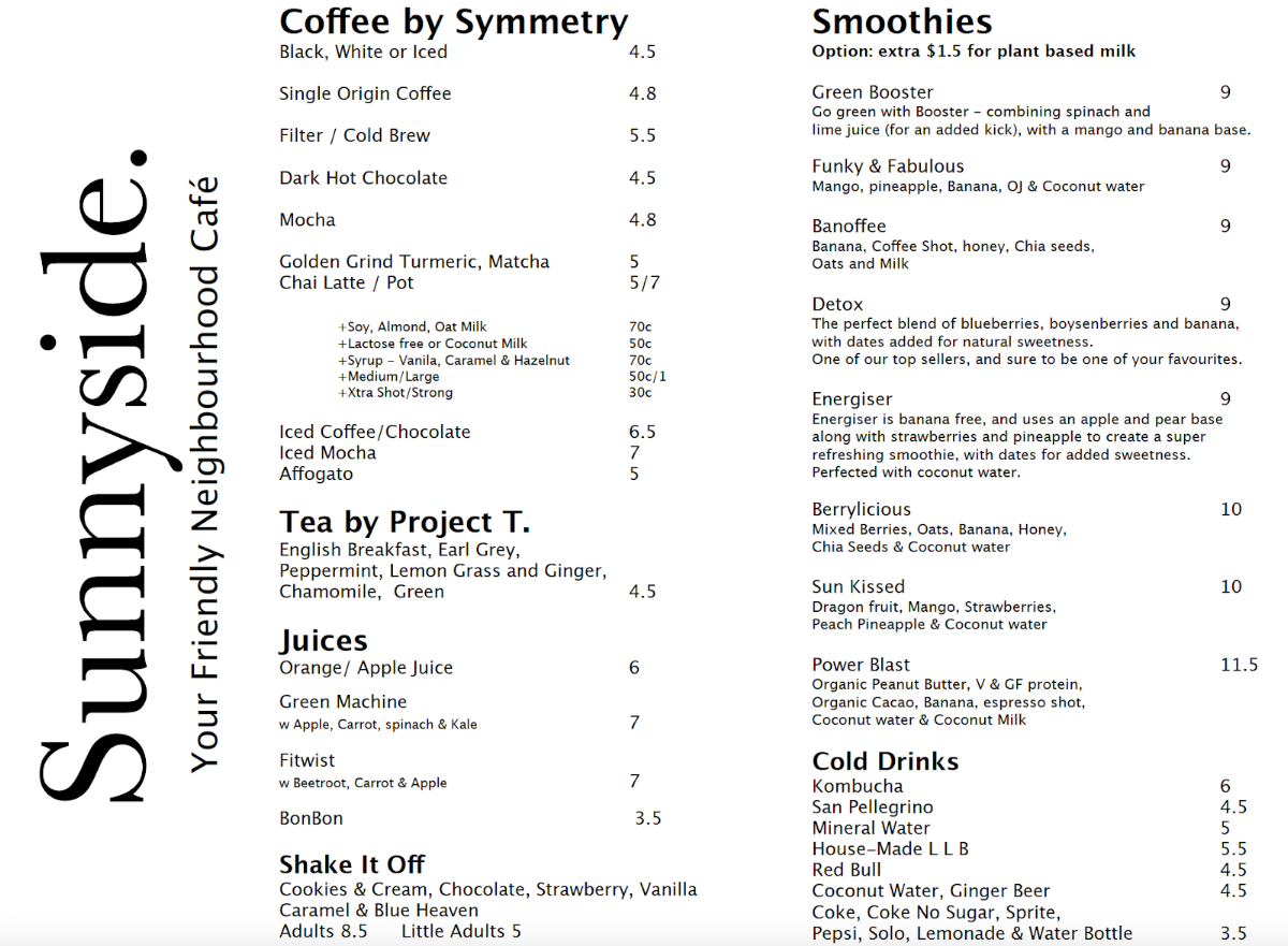 Menu, Sunnyside