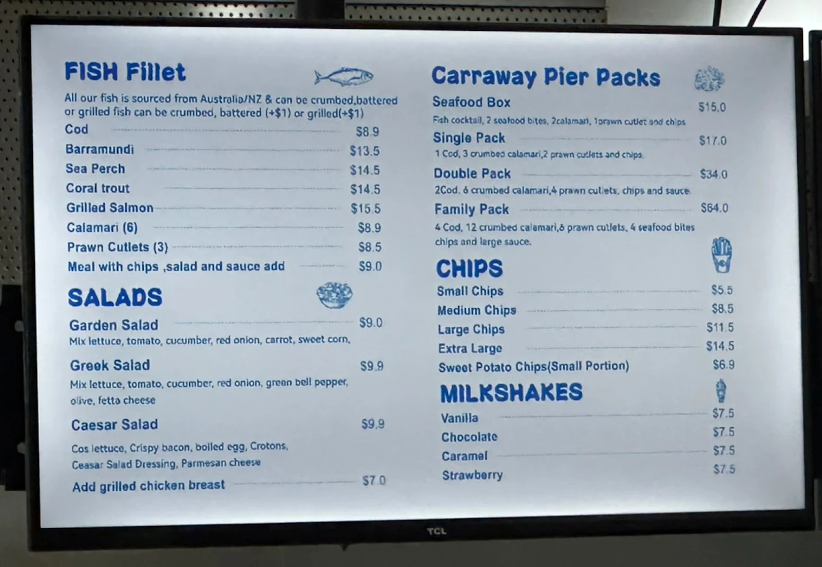 Menu, Carraway Pier