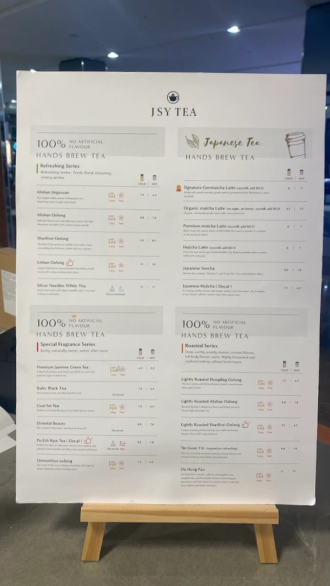 Menu, JSY Tea Westfield Doncaster