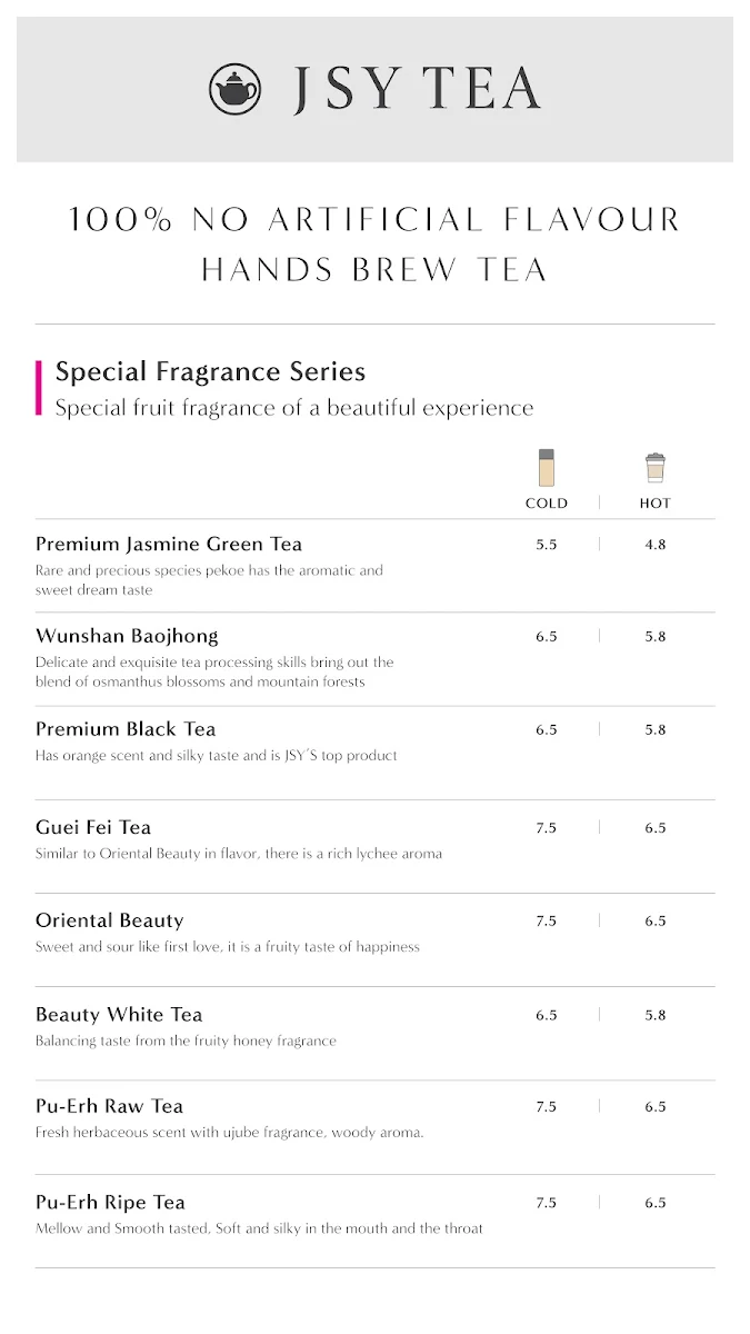Menu, JSY Tea Westfield Doncaster